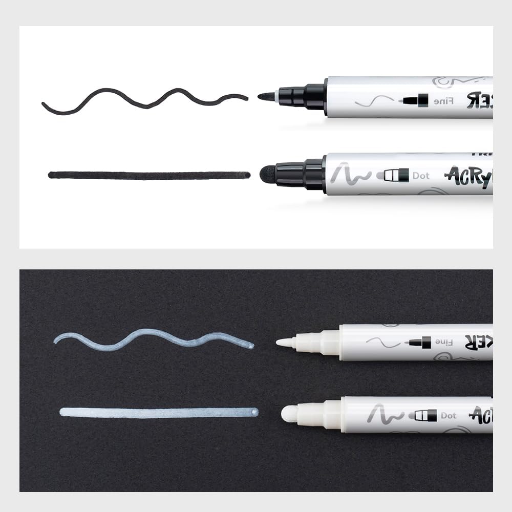 TRANSON 6 Black and 2 White Paint Markers Bold and Fine Dual-tip Acrylic Paint Marker for Rock Glass Canvas Wood Leather Ceramic DIY Painting