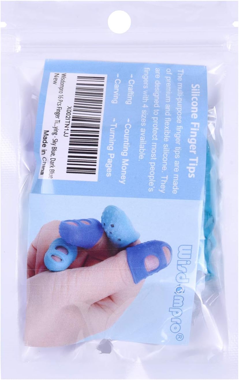 Wisdompro 16 Pcs Finger Tips, 4 Sizes Silicone Thimble Fingertip Grips Thumb Protectors Pads Cover for Hand Sewing, Paper Sorting, Page Turning, Money Counting, Guitar Playing - Blue, Aqua