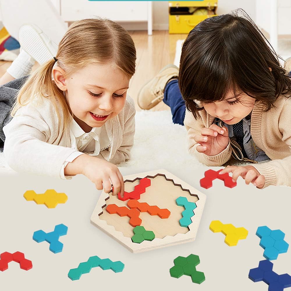 Skrtuan Wooden Blocks Puzzle for Kid Adults Brain Teaser Hexagon Puzzles Games Toy Shape Pattern Block Tangram Geometry Logic IQ STEM Montessori Educational Gift for Kids Boys Girls Challenge