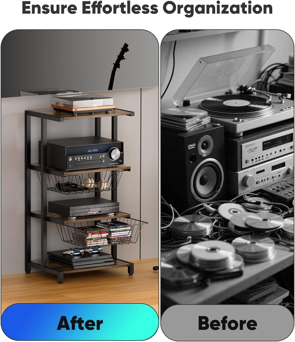 Media Stand with Two Detachable Baskets, 4-Tier AV Media Stand Corner Shelf for DVD Players/Cable Boxes/Games Consoles, Audio Storage Rack for Living Room, Gaming Room, Music Studio, Black