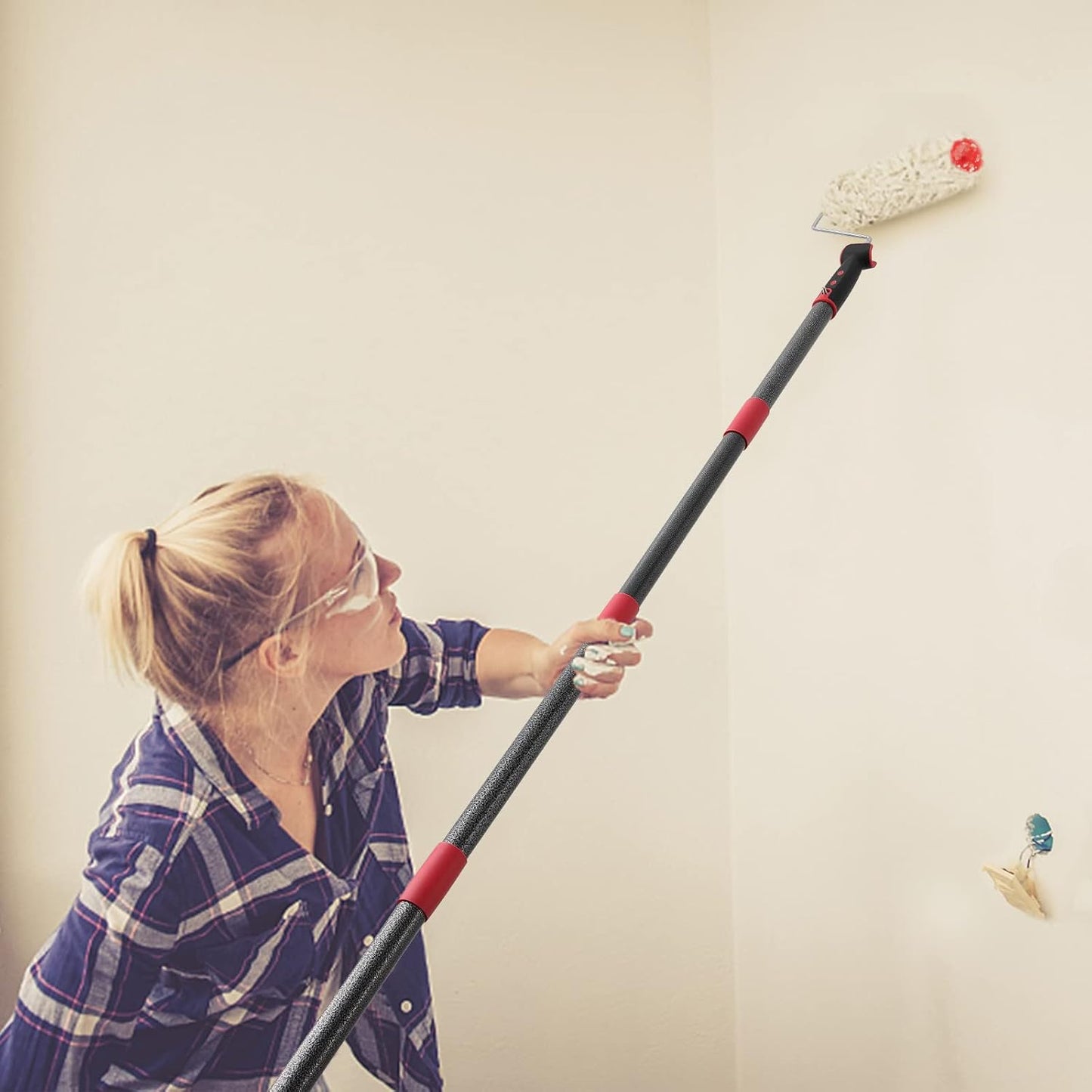 Paint Roller Extension Pole,96inch Brush kit Multi-Function Paint Roller kit Cleaner with House Paint Rollers Brush Stainless Steel Pole,Mural Brush for Walls and Ceiling Paint Roller no drip Grey