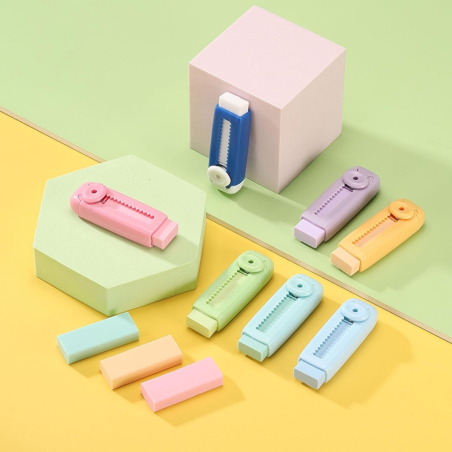 PATIKIL 4 Pack Erasers, Sliding Retractable Eraser Push Pull Cute Pencil Erasers Soft Large Easy to Clean with Plastic Sleeve for Sketching Drawing Artists Teacher Pencils, Blue White