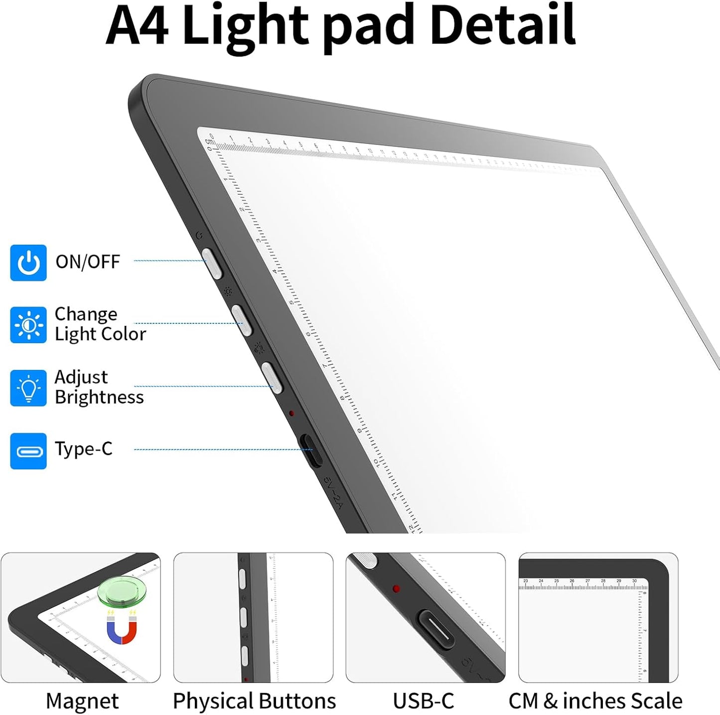 TOHETO A4 Light Board with Bag for Diamond Painting, Super Bright Magnetic Light Pad with Side Buttons, Lightbox for Tracing and Drawing, Corded Light Table for Sketching, Weeding Vinyl (Black)