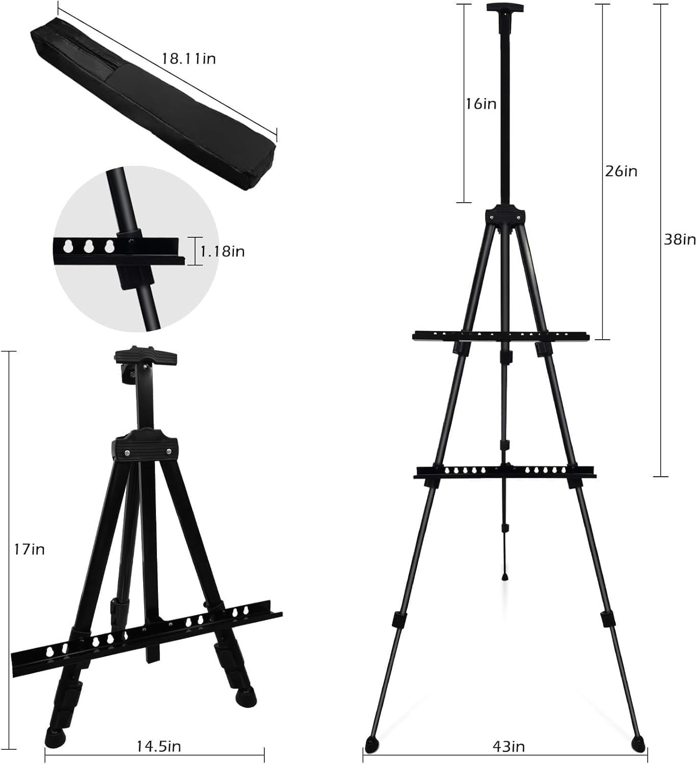Art Painting Display Artist Easel Stand,Ns Jymb Portable Metal Adjustable Easels for Painting Canvases Height from 17 to 66 Inch - Carry Bag for Table-Top/Floor Displaying and Wedding Signs - Black