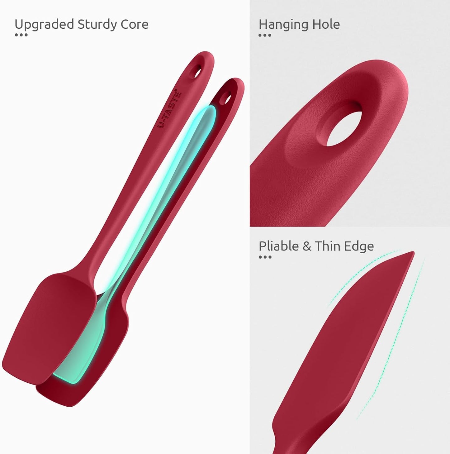 U-Taste Silicone Spatula Set: 600ºF High Heat Resistant, Seamless Food Grade Flexible Rubber Kitchen Cooking Mixing Baking Scraper for Nonstick Cookware Set of 3 (Red)