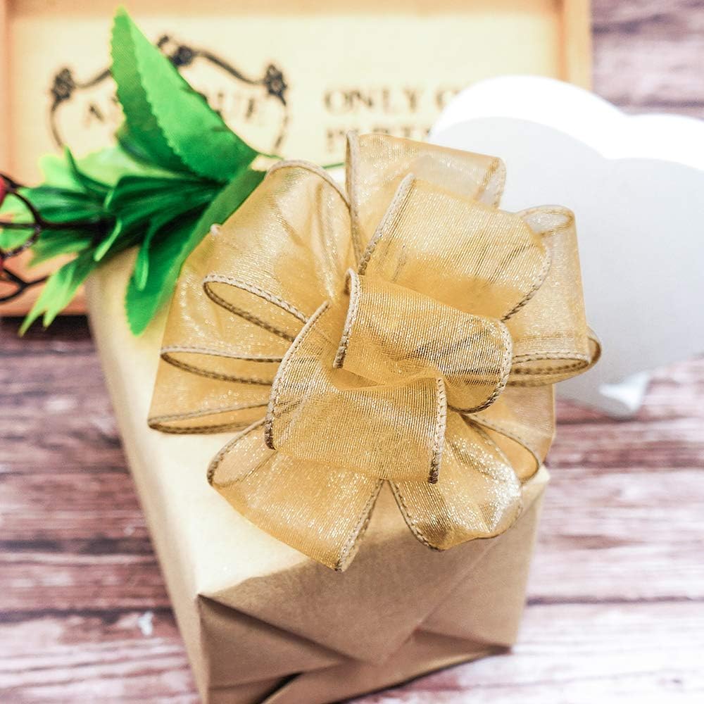 CT CRAFT LLC Sheer Organza Wired Ribbon 1.5" x 50Yards Tan (Gold) for Wedding Chair Bow Flora Bouquet Gift Wrapping Christmas Tree Home Decor Wreath