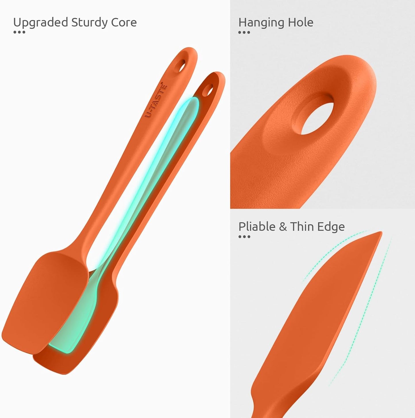 U-Taste Silicone Spatula Set: 600ºF High Heat Resistant, Seamless Food Grade Flexible Rubber Kitchen Cooking Mixing Baking Scraper for Nonstick Cookware Set of 3 (Orange)