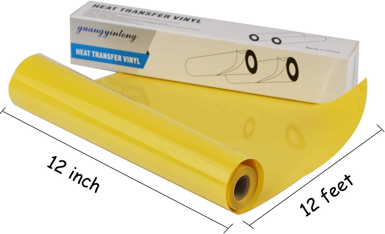 Guangyintong Heat Transfer Vinyl Yellow HTV Rolls, 12" x 12ft Iron on Vinyl for T-Shirts, Matte Surface HTV for All Cutter Machine Easy to Cut & Weed for Heat Vinyl DIY Design