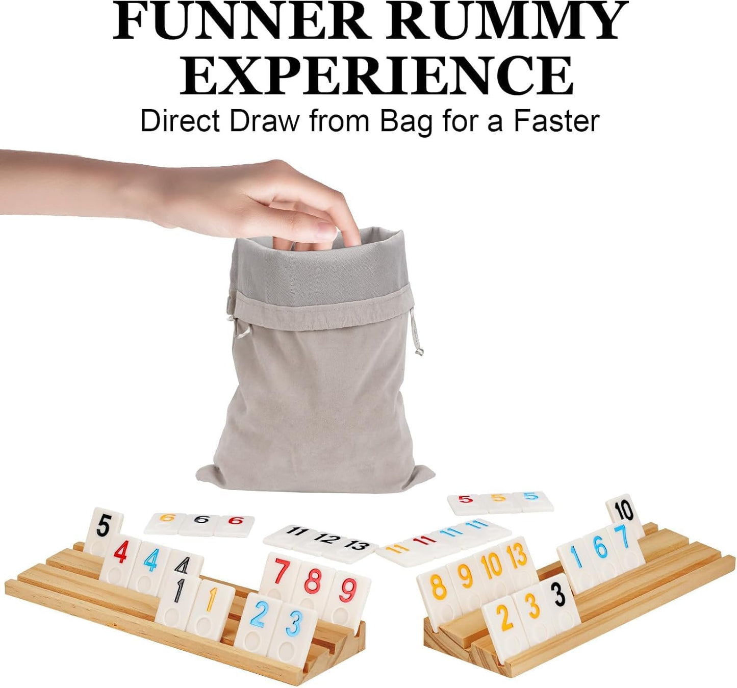 Upgraded 2-6 Players Rummy Cube Board Game Set with 6 Wooden Racks, 160 Tiles, Portable Case, Drawstring Bag and Dice, for Adults Friends Night Gifts Travel Party Sharpens Brain