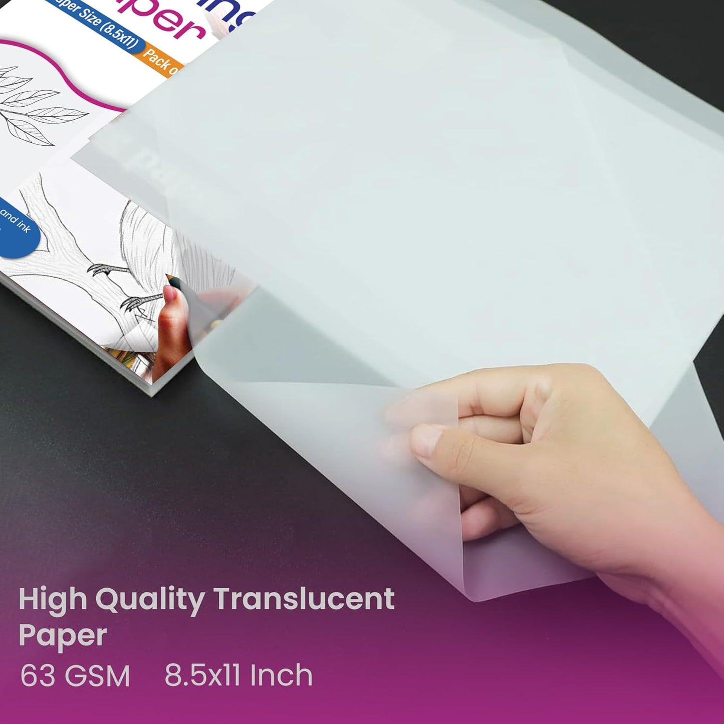 Tracing Paper 8.5 x 11 Inch - 500 Sheets 41lb/63gsm Transparent Vellum Paper for Sketching, Preliminary Drawing, Drafting & Overlays - Premium Translucent Tracing Paper for Pencil, Marker and Ink
