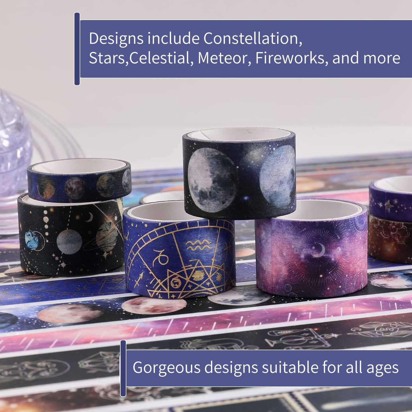32 Rolls Washi Tape Set, Gold Foil Galaxy Decorative Masking Tape Constellation, Stars, Celestial, Adhesive Tape for Bullet Journal, Diy Craft, Scrapbooking Supplies, Gift Wrapping, Party Decoration