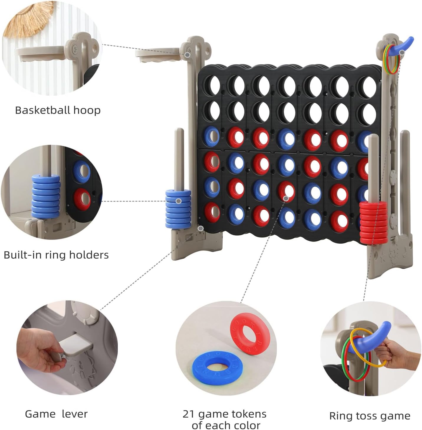 UNICOO® Height Adjustable Jumbo 4-to-Score Game, 4 in A Row Game with Basketball Hoop, Ring Toss, Carrying Bag, Indoor Outdoor Yard Game, Parties & Family Gatherings