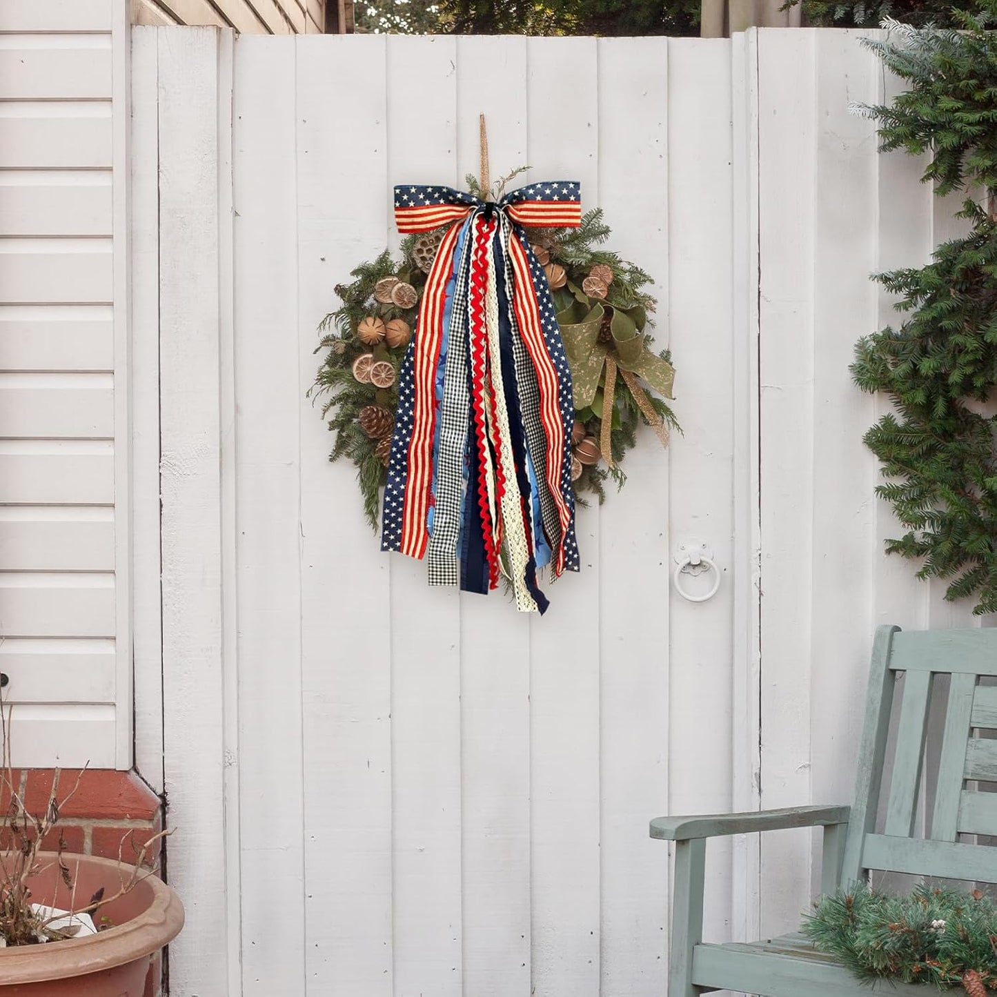 Large Patriotic Star Ribbons Bow for Wreath, Red White Buffalo Plaid Fabric Ribbons Set Assorted Lace Ribbon 4th of July Clip-On Wreath Sash Ribbon Bundle for Patriotic Indoor Outdoor Decor