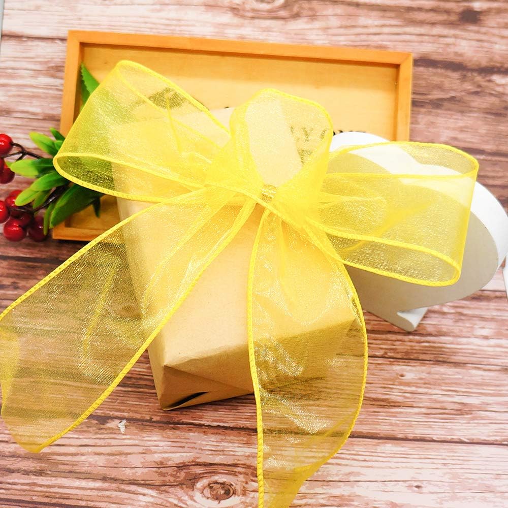 CT CRAFT LLC Sheer Organza Wired Ribbon 2.5" x 50Yards Yellow for Wedding Chair Bow Flora Bouquet Gift Wrapping Christmas Tree Home Decor Wreath