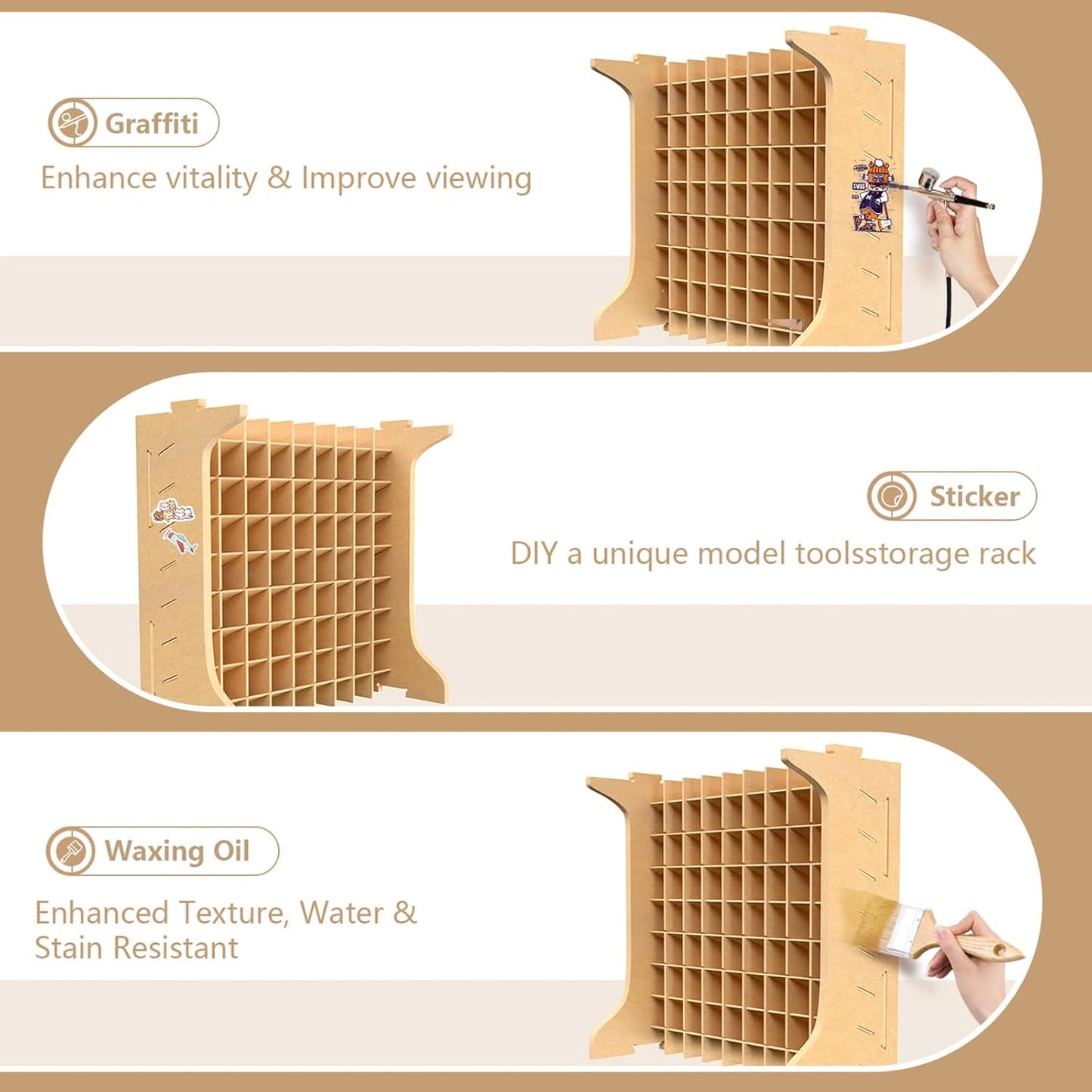 Large Capacity Plastic Model Tool Storage Paint Rack - Holds 72 Pieces, Compatible with Vallejo Modular Paint Rack, MDF Material, GK12
