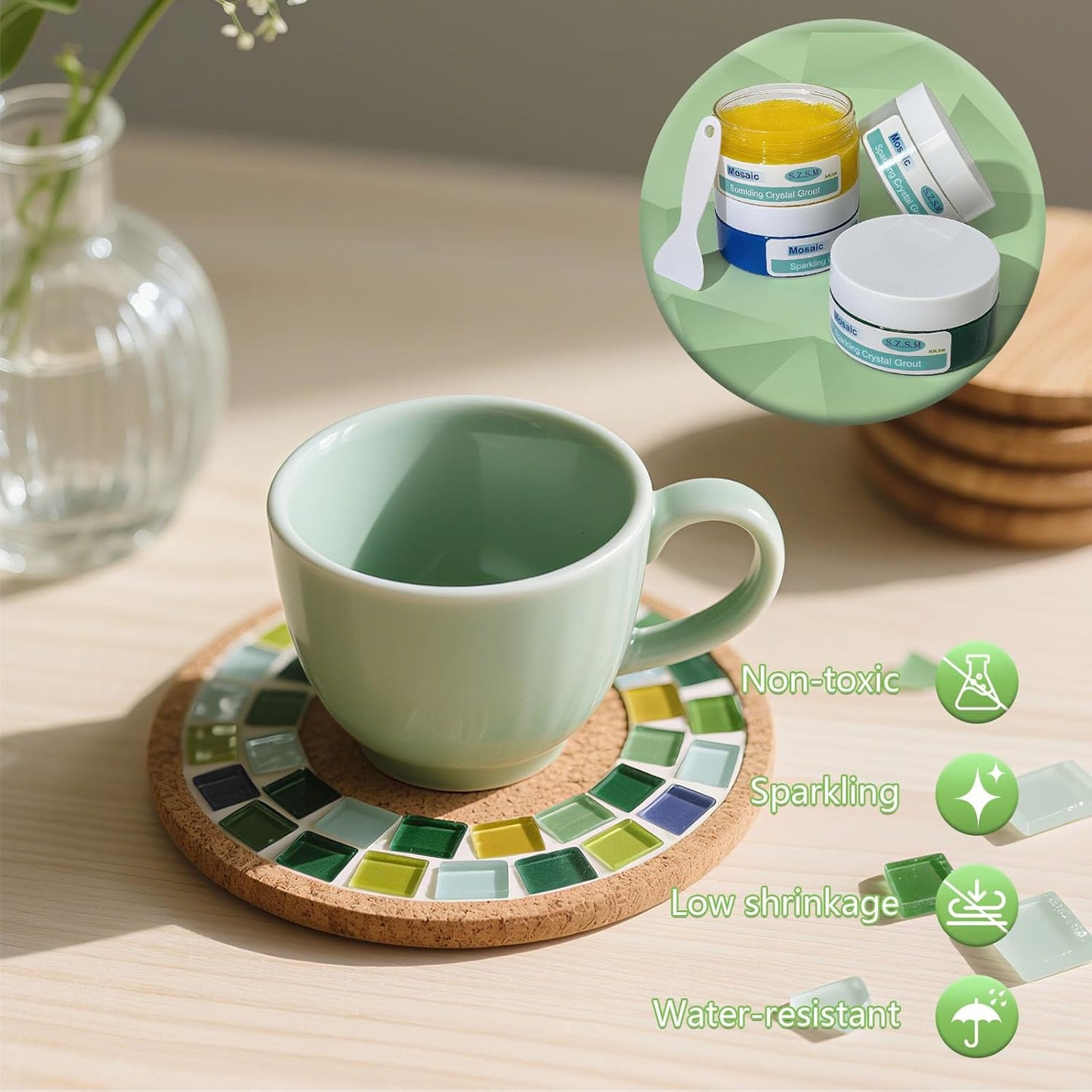 Mosaic Grout for Crafts, Sparkling Colorful Crystal Sealant is Specially Designed for Use in Mosaic Kits for Adult to Decorate Tessellated Coasters, Table Tops, Walls and Vases, Green, 5 oz