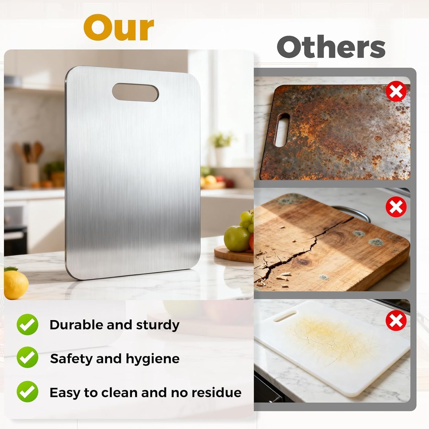 Tavano Titanium Cutting Board,Titanium Cutting Boards for Kitchen,Double-side Available Cutting Board for Vegetables,Meat,Fruits,Easy to Store and Clean(S+M+L)