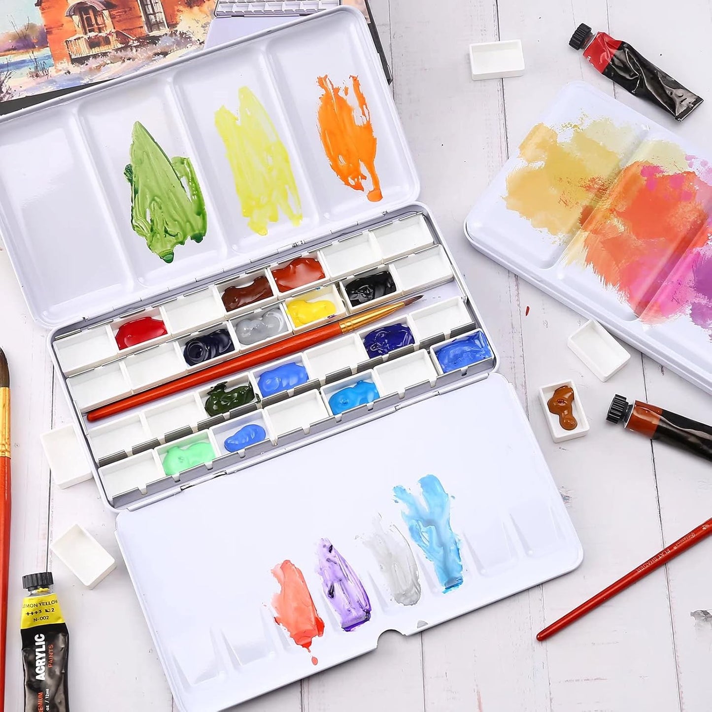 LOONENG Empty Watercolor Palette, Empty Watercolor Tin with Fold Out Palette, Large Colorful Watercolor Tray Palette with 28 Empty Full Pans for Plein Air Painting and Sketching