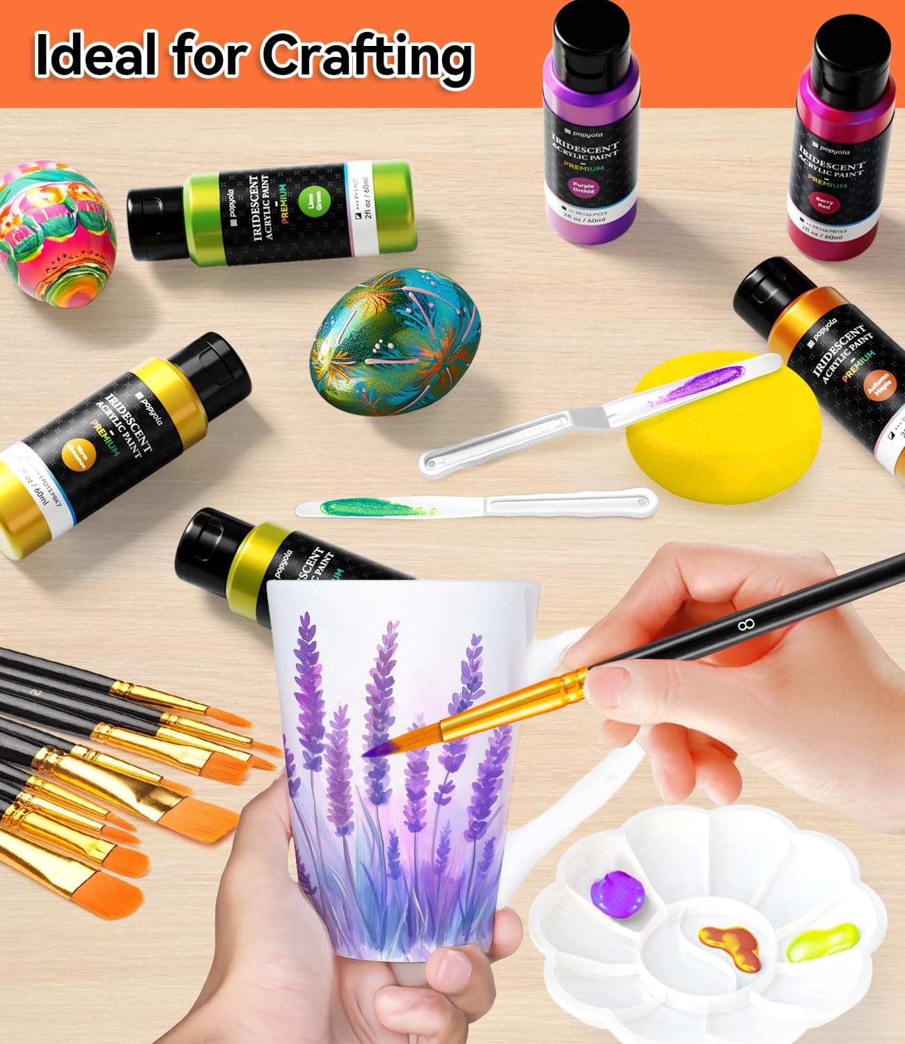 52 PCS Iridescent Acrylic Paint Set with 12 Brushes, 2 Knives & Palette, 36 Colors (2oz/60ml) Art Craft Paint for Adults Kids Artists Beginners, Halloween Pumpkin Canvas Ceramic Rock Painting Kit