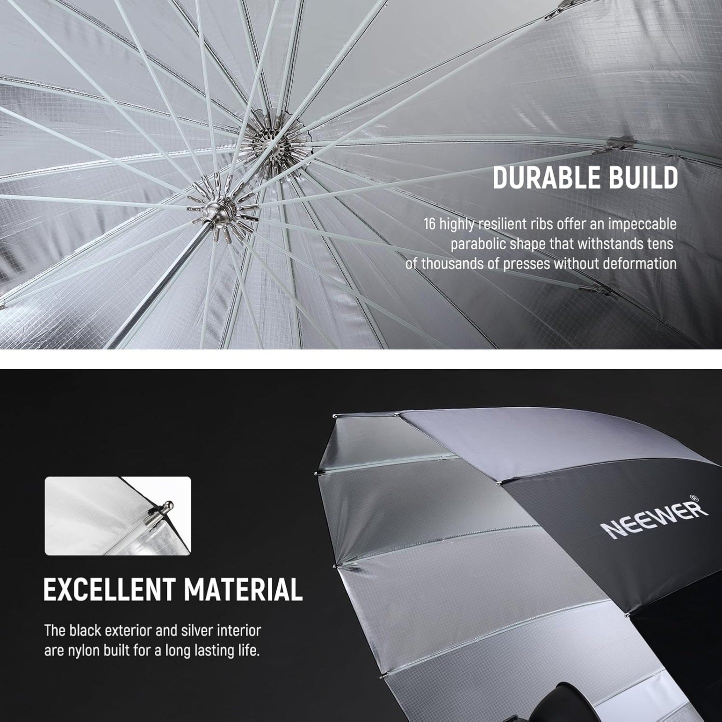 NEEWER 51"/130cm Parabolic Reflective Umbrella Photography with Silver Inner, Soft Lighting with Diffuser Cover, Bag, Quick Fold for Camera Photo Studio Video Light Shooting Monolight Flash, NS2U