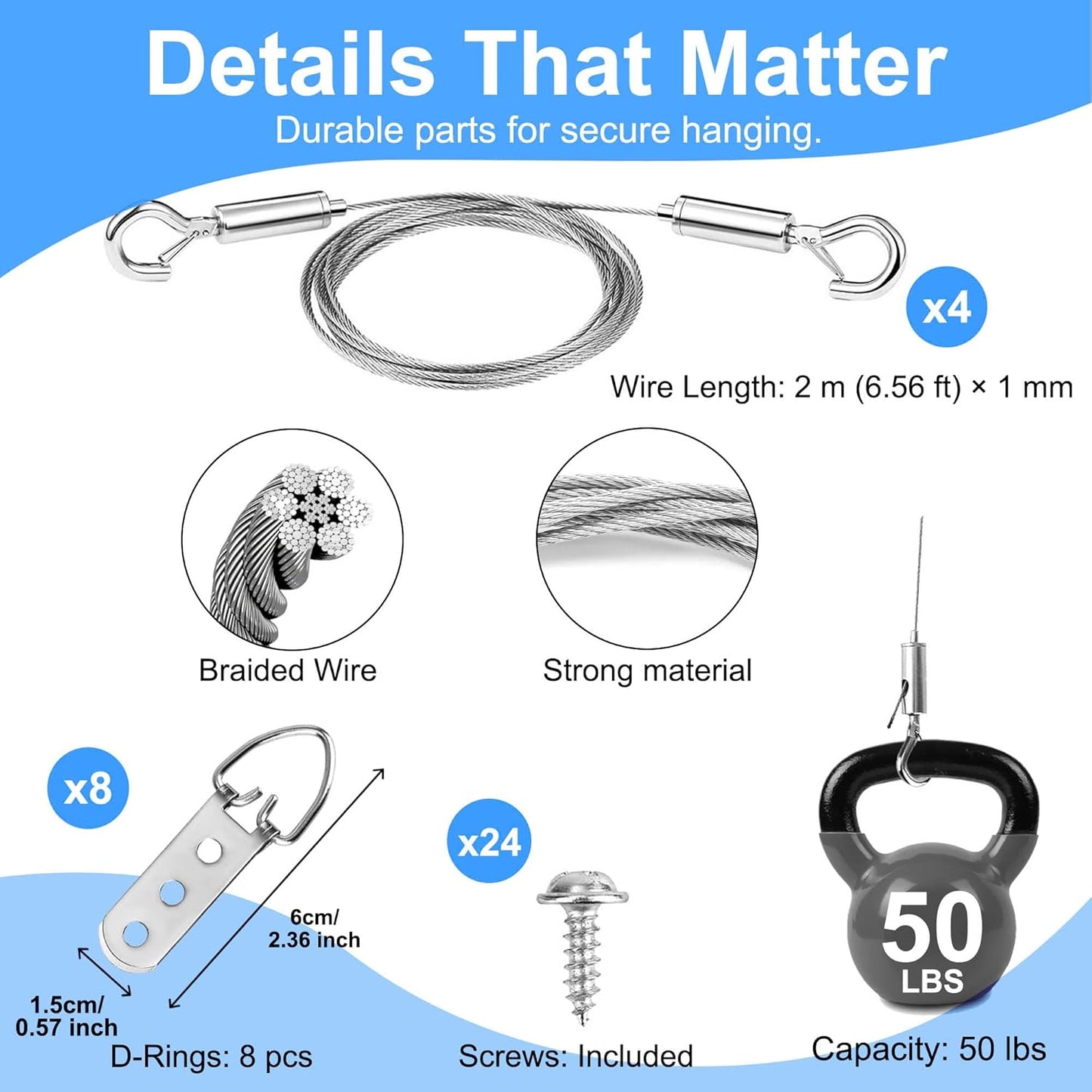 Picture Hanging Kit for Frames & Mirrors - Picture Hanging Wire Kit, 4 pcs Adjustable Wire 2 m (6.56 ft) x 1 mm with Clips, 50 lb; 8 3-Hole D-Ring Hangers; Braided Heavy Duty Cord; Wall Hardware, Art