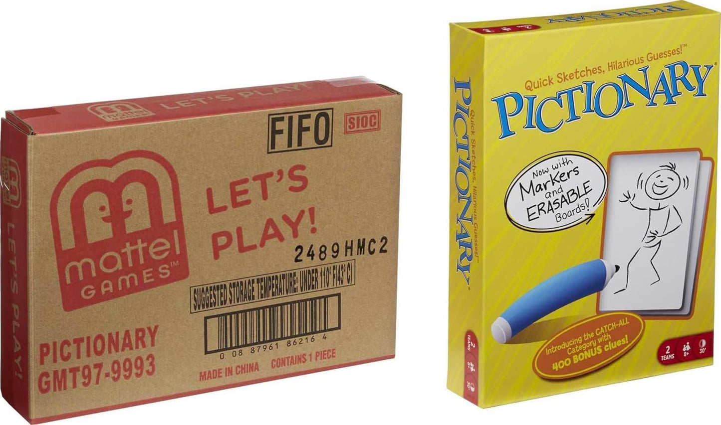 Mattel Games Pictionary Family Board Game for Kids, Adults and Game Night for 2 Teams with Erasable Markers, Boards and Sand Timer