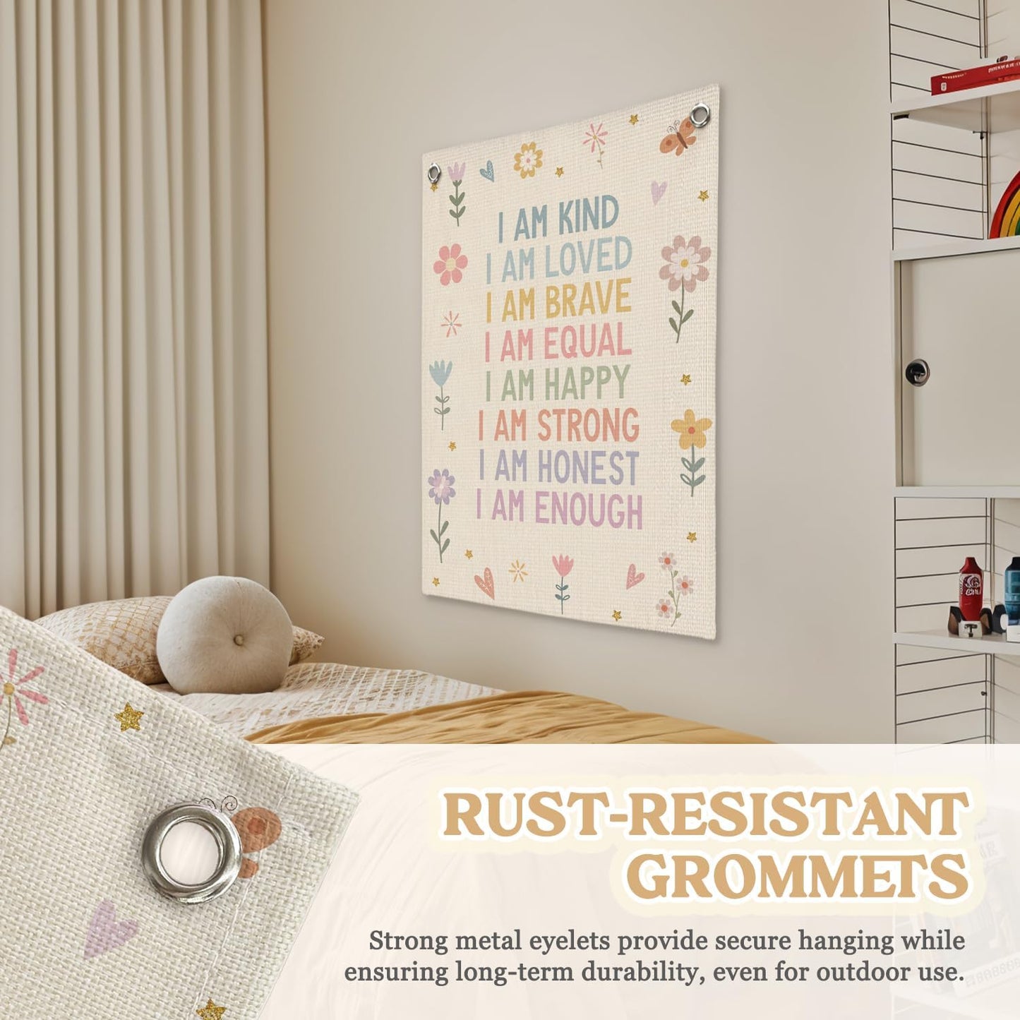 Affirmations Wall Hanging Art for Kids, Flower Wall Art I Am Kind Linen Canvas Banner, Girls Room Decor, Kid's Bedroom, Affirmations Wall Banner, Inspirational Nursery Decor 18x25 Inch