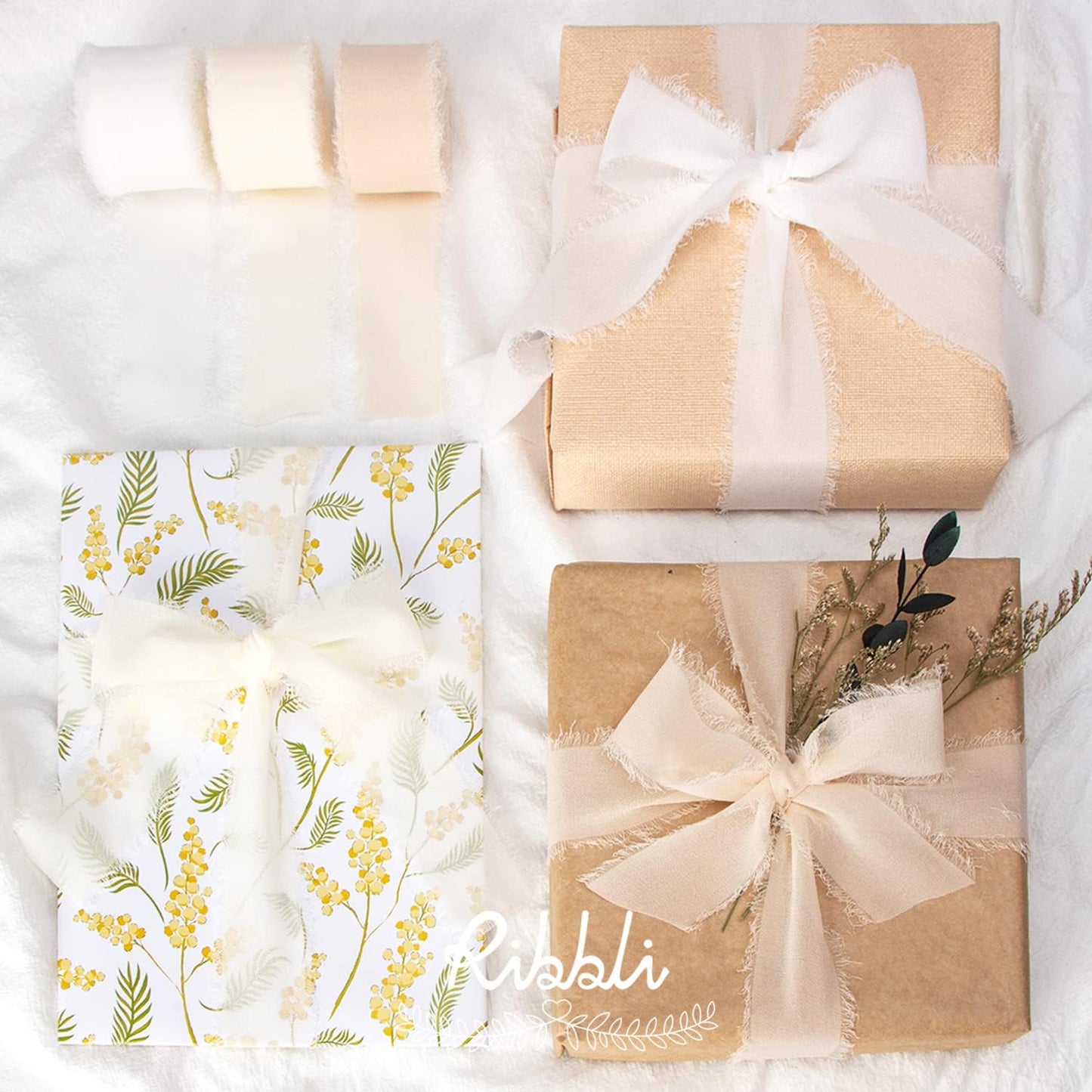 Ribbli White Chiffon Ribbon - 1.5 inch x 30 Yard Handmade Silk, Fringe Chiffon for Wedding Invitations, Gift Wrapping, Bridal Bouquets, Flower Arrangement