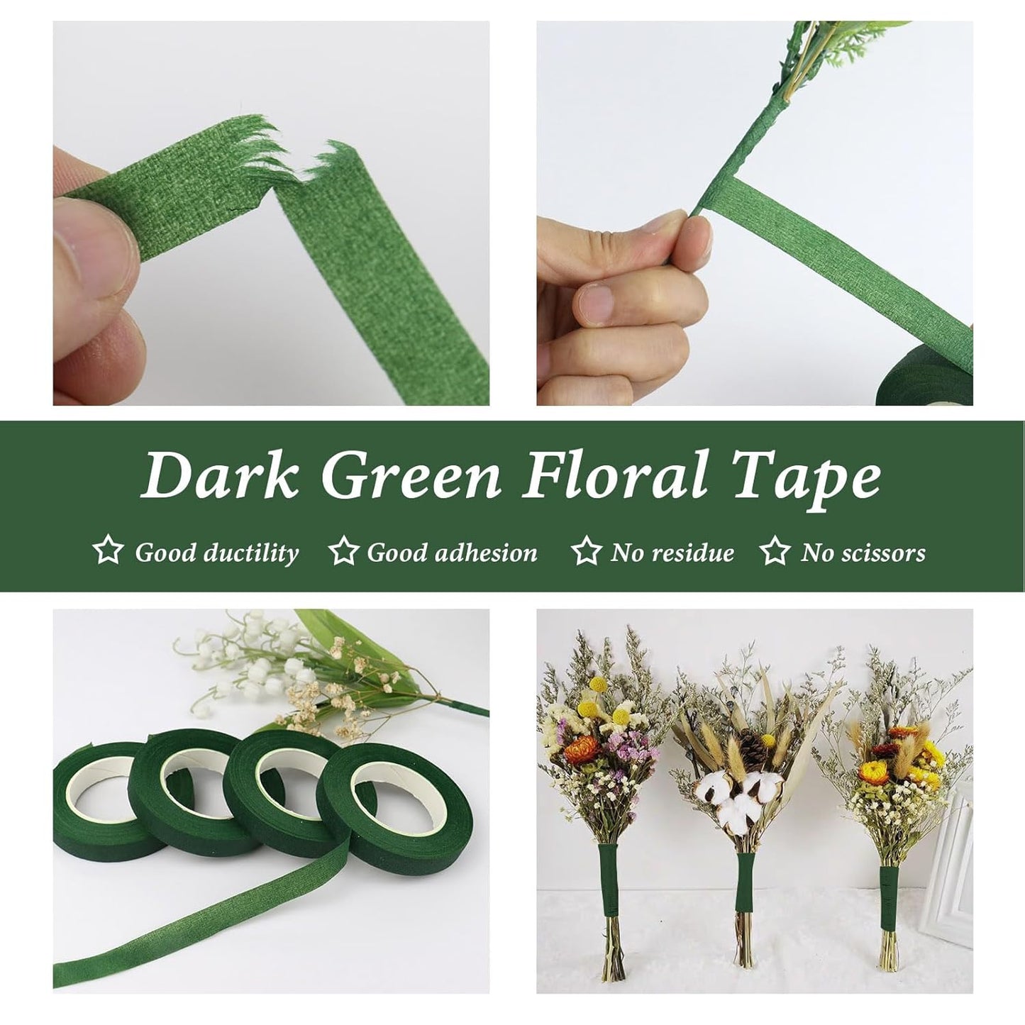 BOMEI PACK Dark Green Floral Tape 12 Rolls 1/2 inch x 30yds for Fixing, Decorating Flower Bouquets, and Bouquet Wrapping.