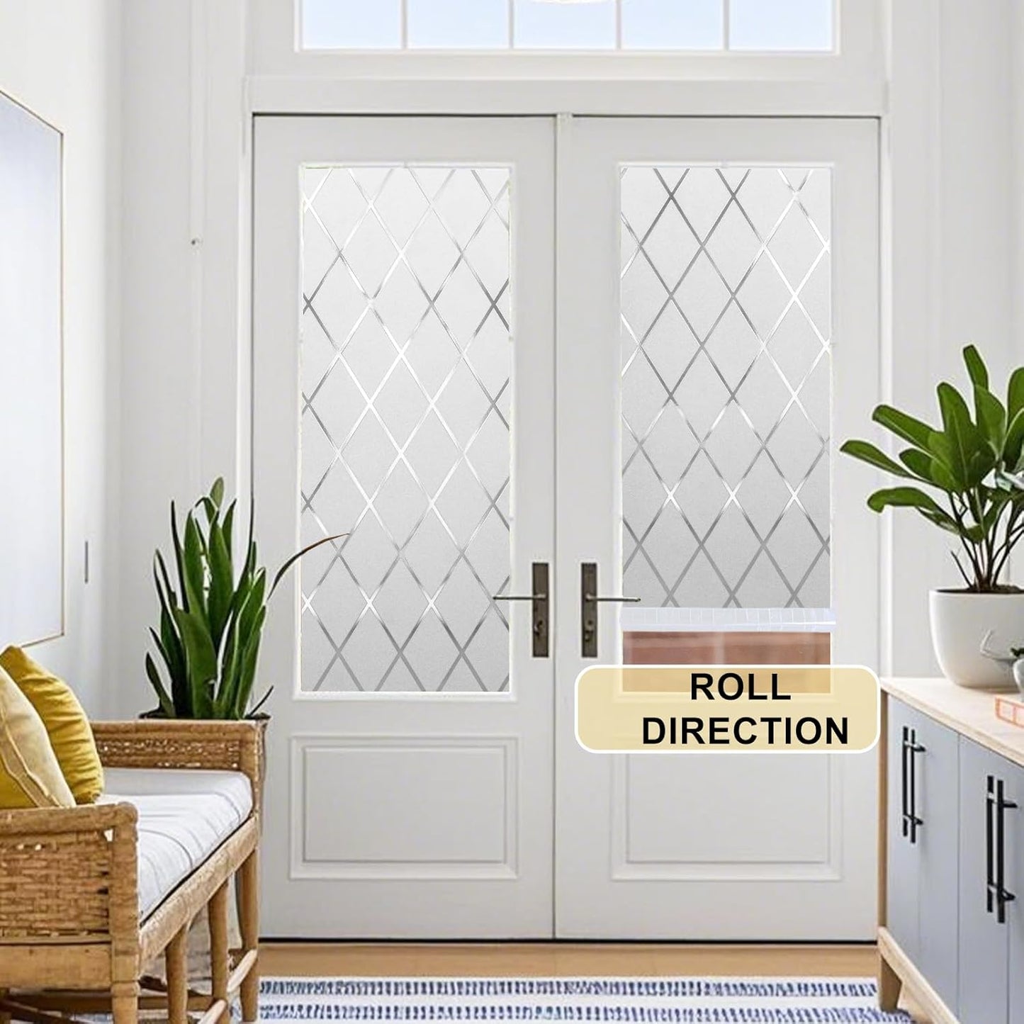 Window Privacy Film Decorative for Front Door, Bathroom Static Cling Stained Glass Sticker Opaque Heat Control UV Blocking Non-Adhesive for Home,Grid 17.5 x 78.7 inches