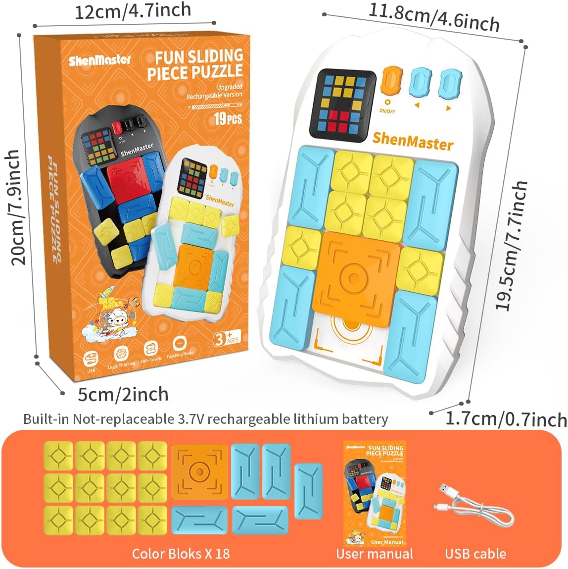 Rechargeable Super Slide Puzzle Game,Klotski Brain Toys for Kids Teens,500+ Challenges 7 Difficulty Levels for Boys&Girls,Portable Travel Games for All Ages,8-12 Gifts idea-White