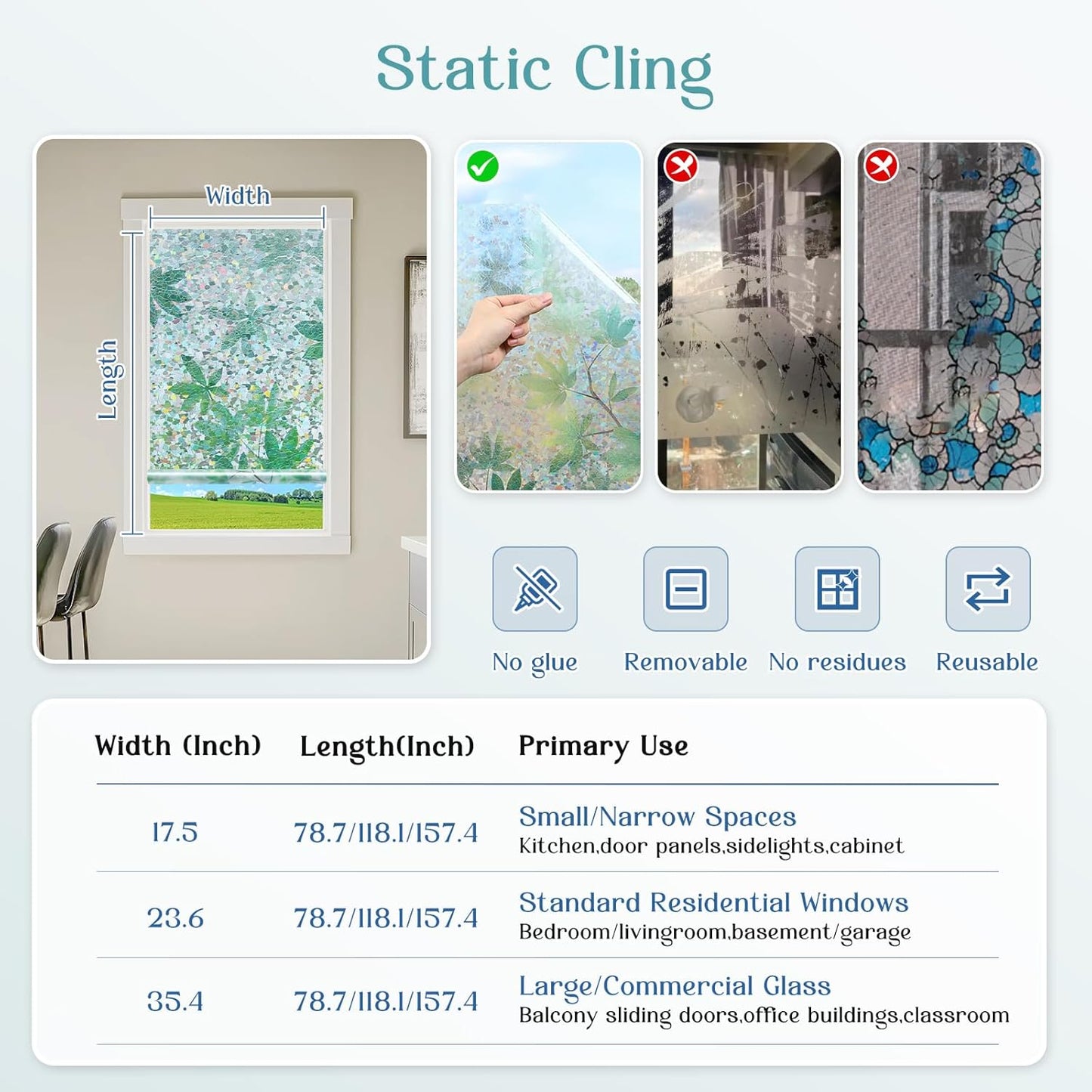 Haton Window Privacy Film, Decorative Stained Glass Window Clings, 3D UV Sun Blocking Sticker, Removable Static Cling Heat Control Tint for Home Door, Leaf Rainbow, 23.6" x 78.7" Non-Adhesive