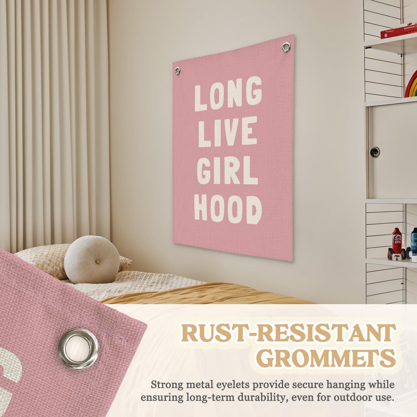 Toddler Girl Room decor,Long Live Girlhood Pink Linen Banner, Nursery Playroom Wall Hanging Flag Banner for Kids Bedroom Toddler Decorations Trendy Room Decor 18x25 Inch