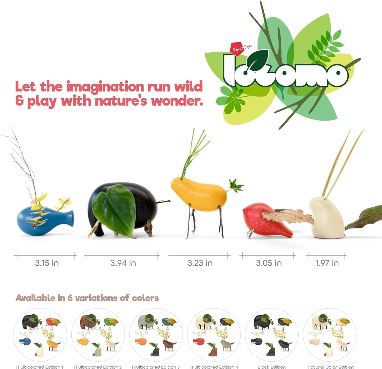 Taksa Toys Locomo Family Black Edition Waldorf Montessori Toys Wooden Animal Figures for Outdoor-Loving Kids, Trigger Boys Girls Creativity, Sensory Toddler Toys for Ages 3 4 5 6 7+ Olds (Set of 5)