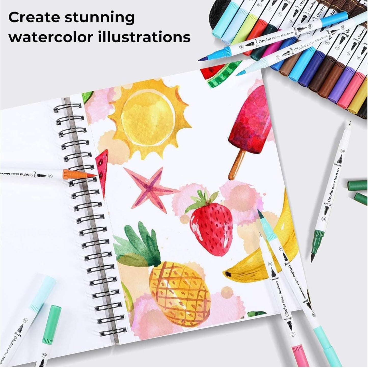 Ohuhu Markers for Adult Coloring Books No Bleeding 60 Colors Coloring Markers Water-based Dual Tips Fineliner & Brush Drawing Pens Art Pens for Kids Adults Sketch Journal - Maui - White
