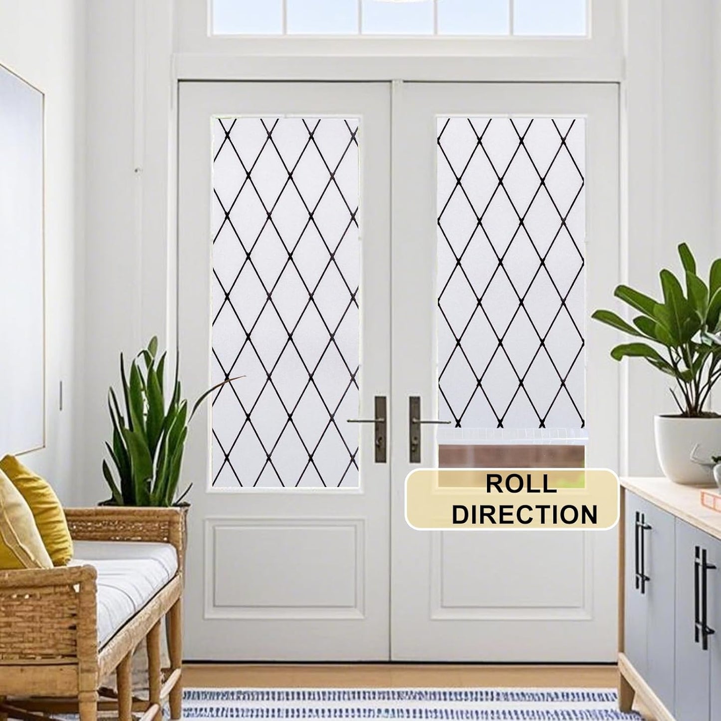 Window Privacy Film Decorative for Front Door, Bathroom Static Cling Stained Glass Sticker Opaque Heat Control UV Blocking Non-Adhesive for Home,Black Grid 17.5 x 78.7 inches