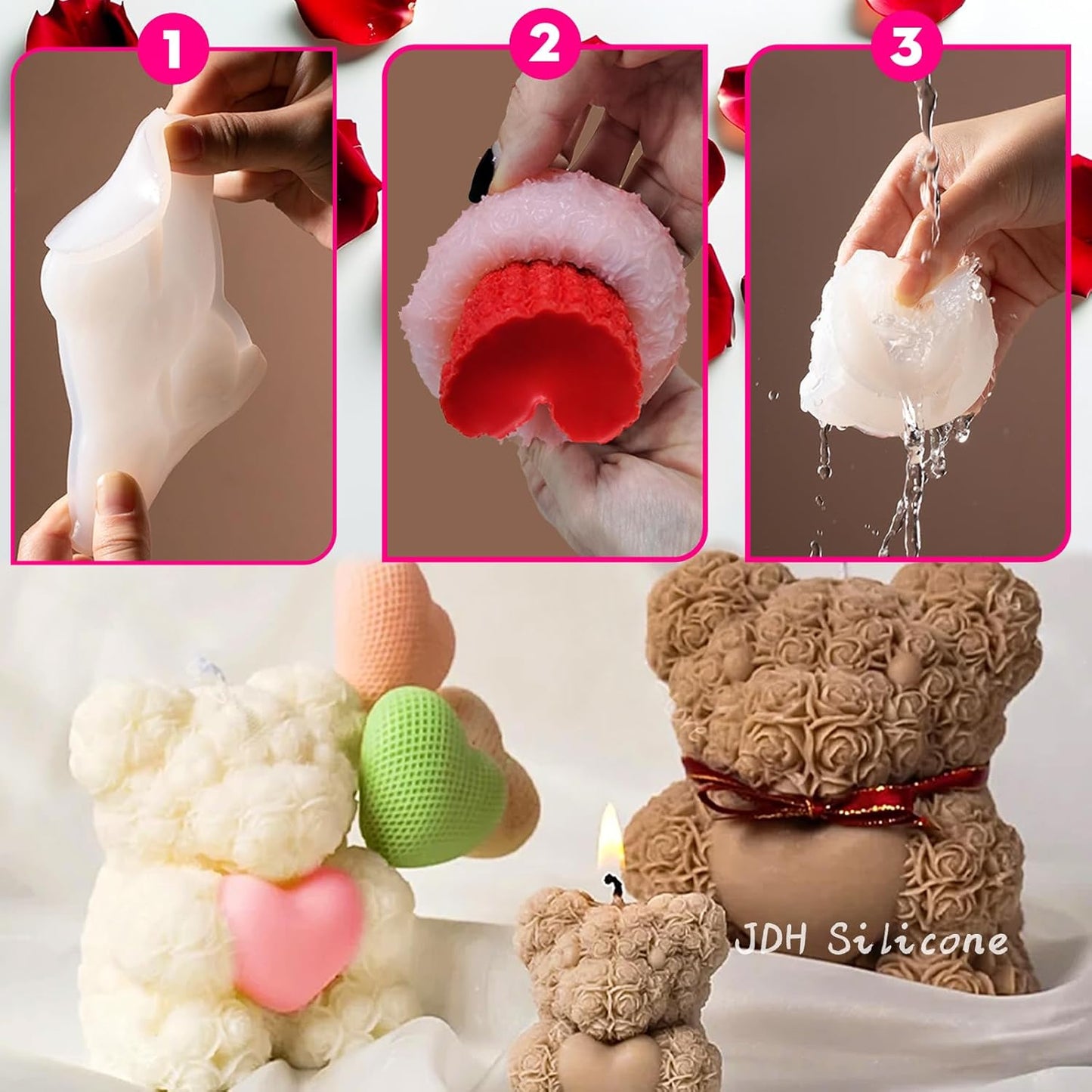 Large Rose Bear Silicone Mold - 3D Teddy Bear Candle Making Molds, Cute Epoxy Resin Molds for DIY Handmade Soaps,Mother's Day Gifts, Valentine Gifts, Birthday Gifts, Home Decor Crafts