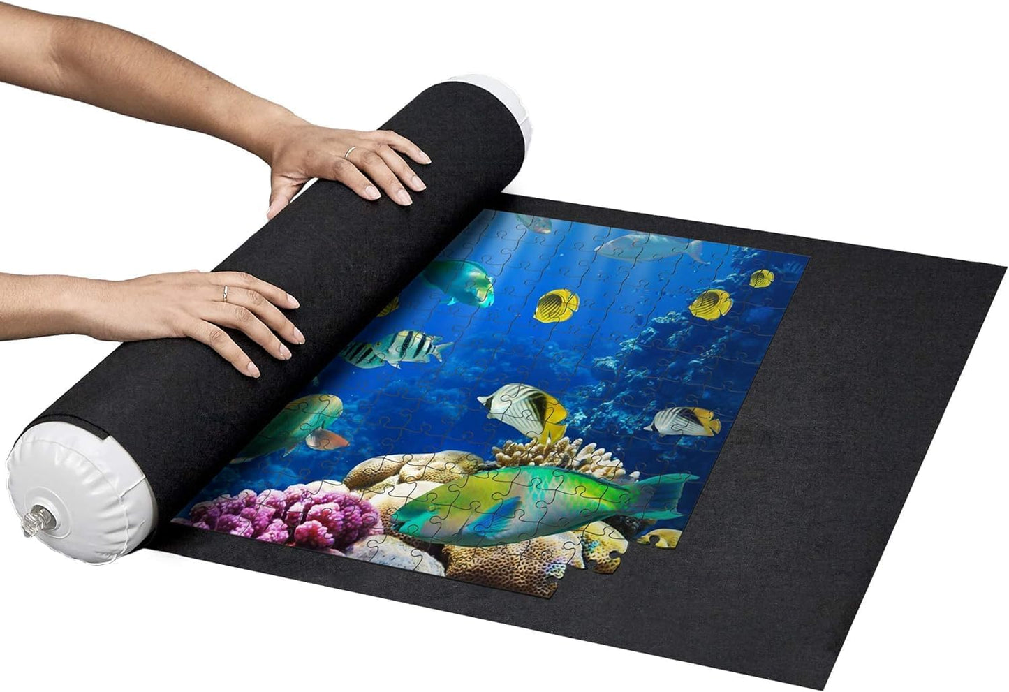 Puzzle Roll Up Mat - Store and Transport Jigsaw Puzzles Up to 1500 Pieces - 46" x 26" Felt Mat, Inflatable Tube, and 3 Elastic Fasteners Newer Improved Design - by Amy and Delle