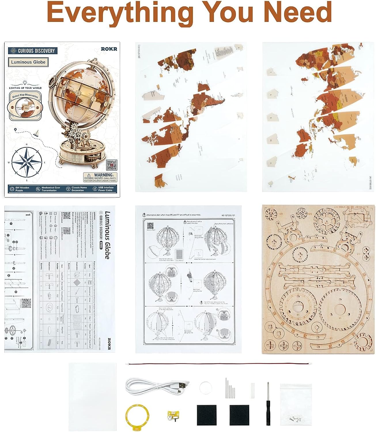 ROKR 3D Wooden Puzzles for Adults Illuminated Globe with Stand 180pcs 3D Puzzles Built-in LED Model Kit Hobby Gifts for Adults Home Decor