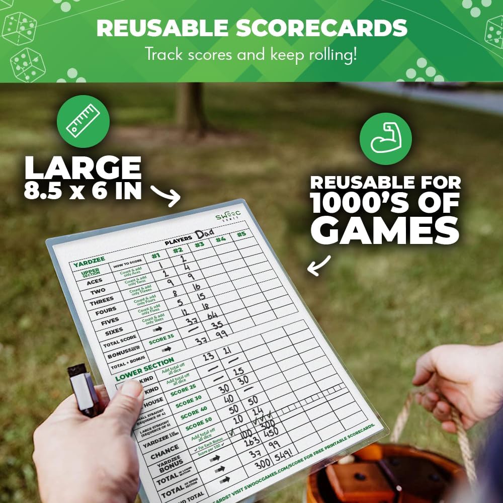 SWOOC Games - Yardzee, Farkle, & 20+ Giant Dice Games (All Weather) with Wood Bucket, 5 Scorecards, & Marker - Yard Dice Outdoor Game for Family - Giant Backyard Game Set - Outside Jumbo Lawn Fun