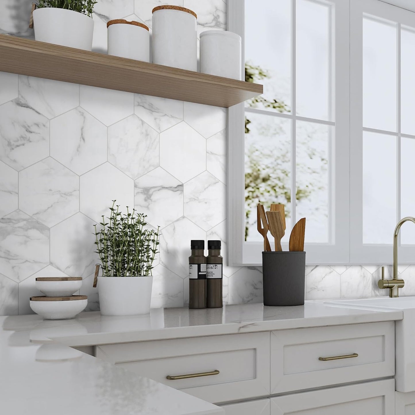 45-Sheet Hexagon Peel and Stick Backsplash, 6" x 7" White Calacatta Marble Looks Self Adhesive Wall Tile, Stone Composite Stick on Decorative Mosaic Tile for Kitchen Bathroom Fireplace