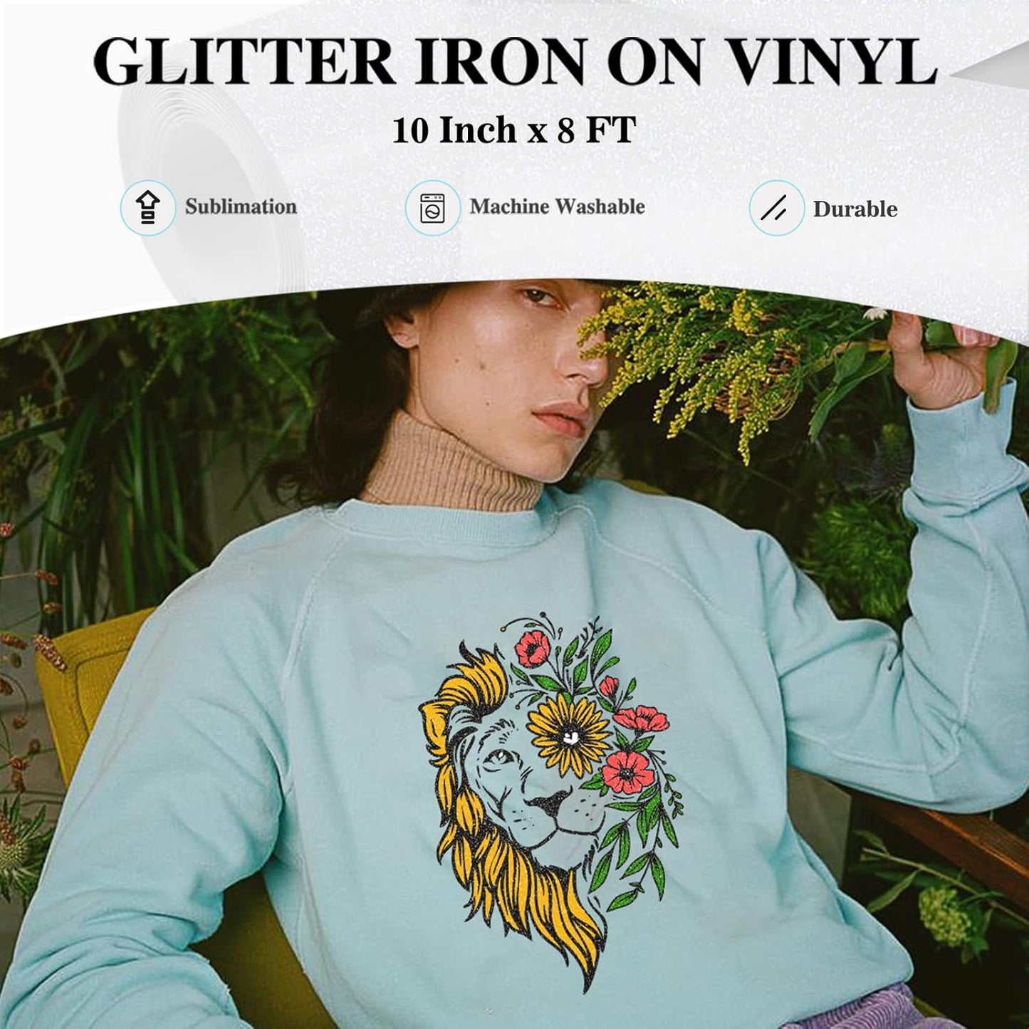 HTVRONT White Glitter HTV Vinyl - 10" x 8ft Heat Transfer Vinyl for T Shirts, Glitter Iron on Vinyl Compatible with Cricut Cutting Machine - Easy to Use for Custom T Shirts Design (White Glitter)
