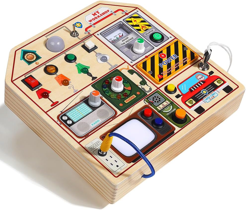 JAUNTY Montessori Wooden Busy Board for Toddlers 3 4 5 Years Old, Wooden Sensory Toddler Toys with LED Light Switches, TV Radio Telegram and Car Driving, Travel Toys Birthday for Boys Girls