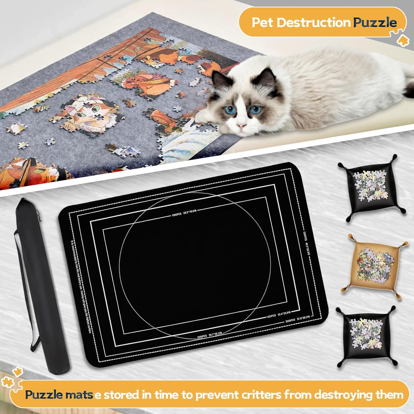 Jigsaw Puzzle Mat Roll Up, Portable Saver Pad 43” x 26” Up to 1500 Pieces, Puzzles Matt Rollup with Non-Slip Rubber Bottom & Smooth Top. (6 Puzzle Sorting Trays & 1 Storage Bag)