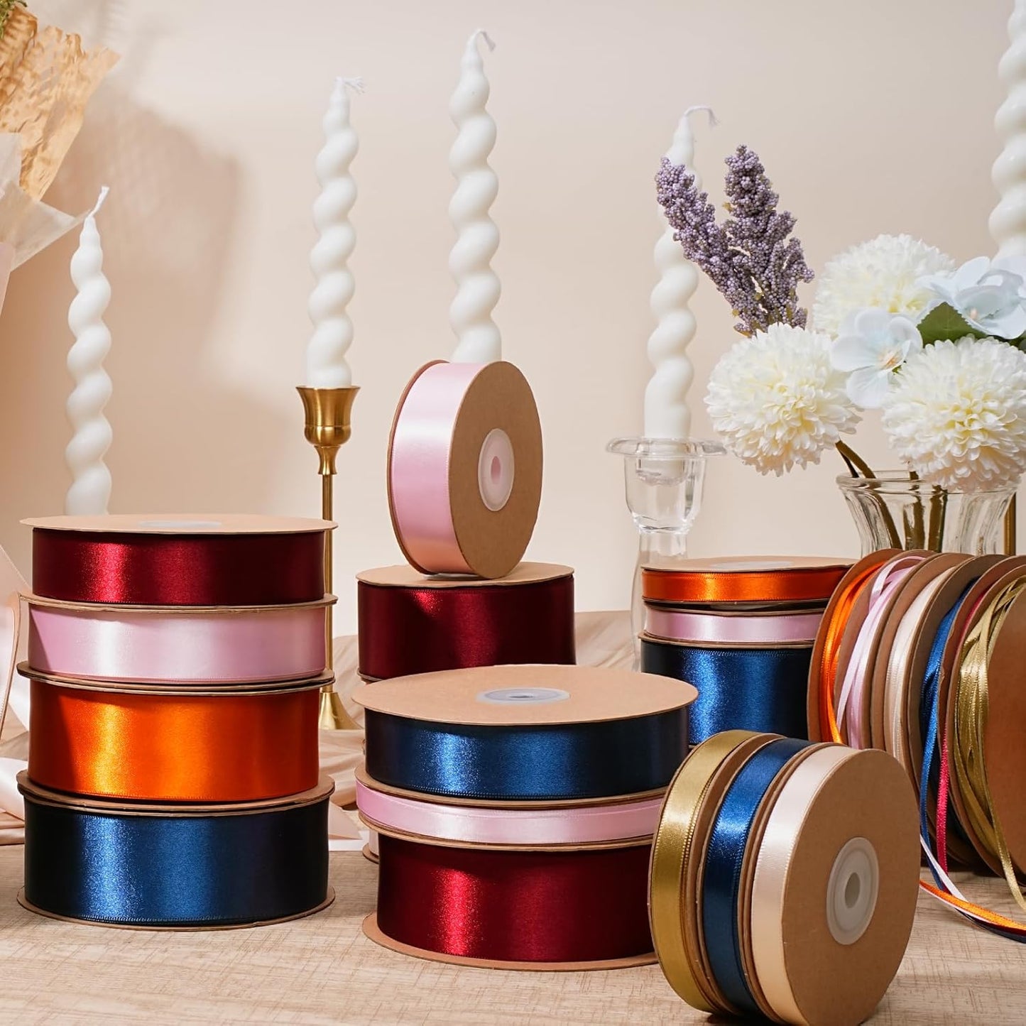 LaRibbons Gold Satin Ribbon 3/8 Inch 50 Yards Thin Luxury Double Faced Pale Gold Silk Ribbon for Flower Bouquet Crafts Gift Wrapping Wedding Christmas Decoration