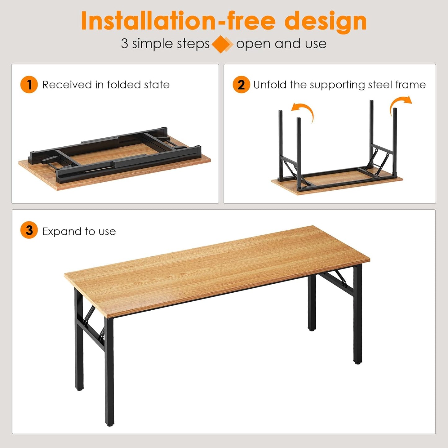 Need Folding Desk, 54 inch Large Computer Desk for Home Office, No Install Needed Study Student Writing Table Desk Workstation, Teak Black