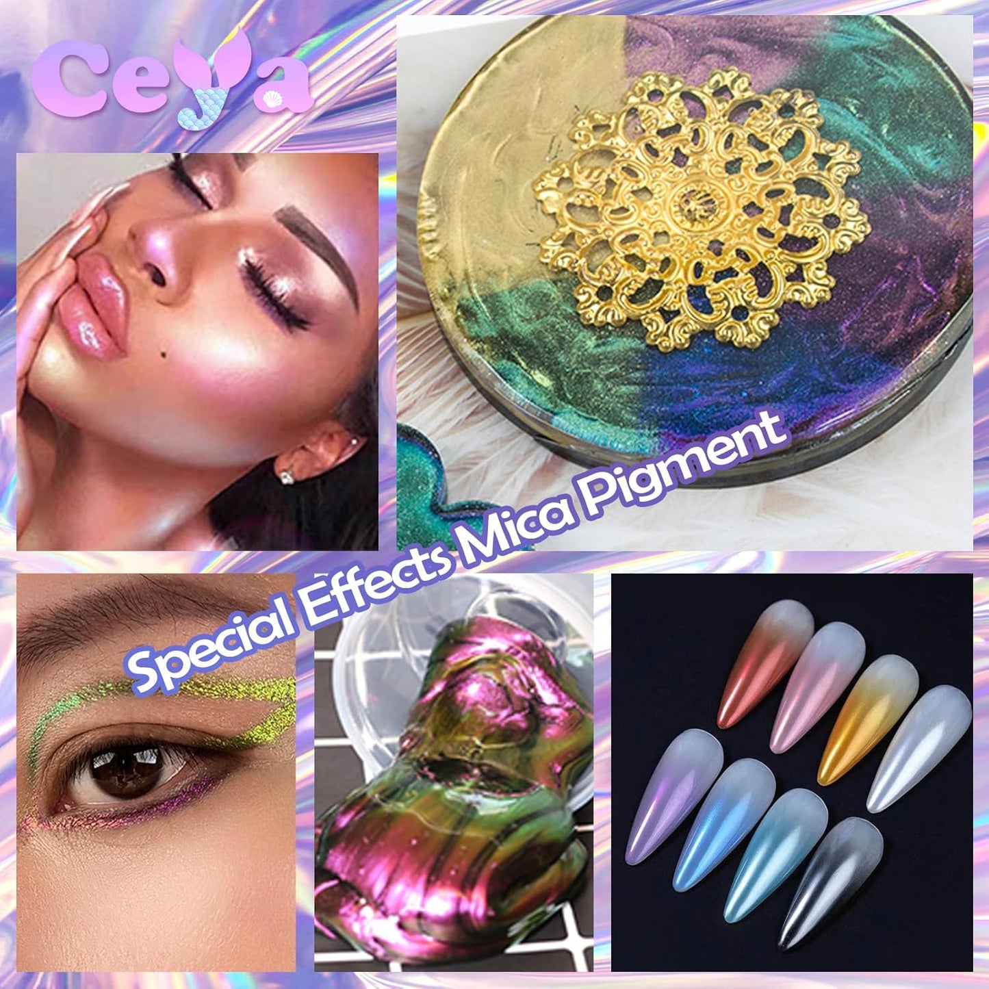 Ceya Highly Interference Mica Powder, 1.8oz/ 50g Turquoise Chrome Nail Powder, Cosmetic Grade Pearlescent Effect Color Shift Pigment for Epoxy Resin, Makeup, Nail Art, Soap Dye, Candle, Slime, Paint
