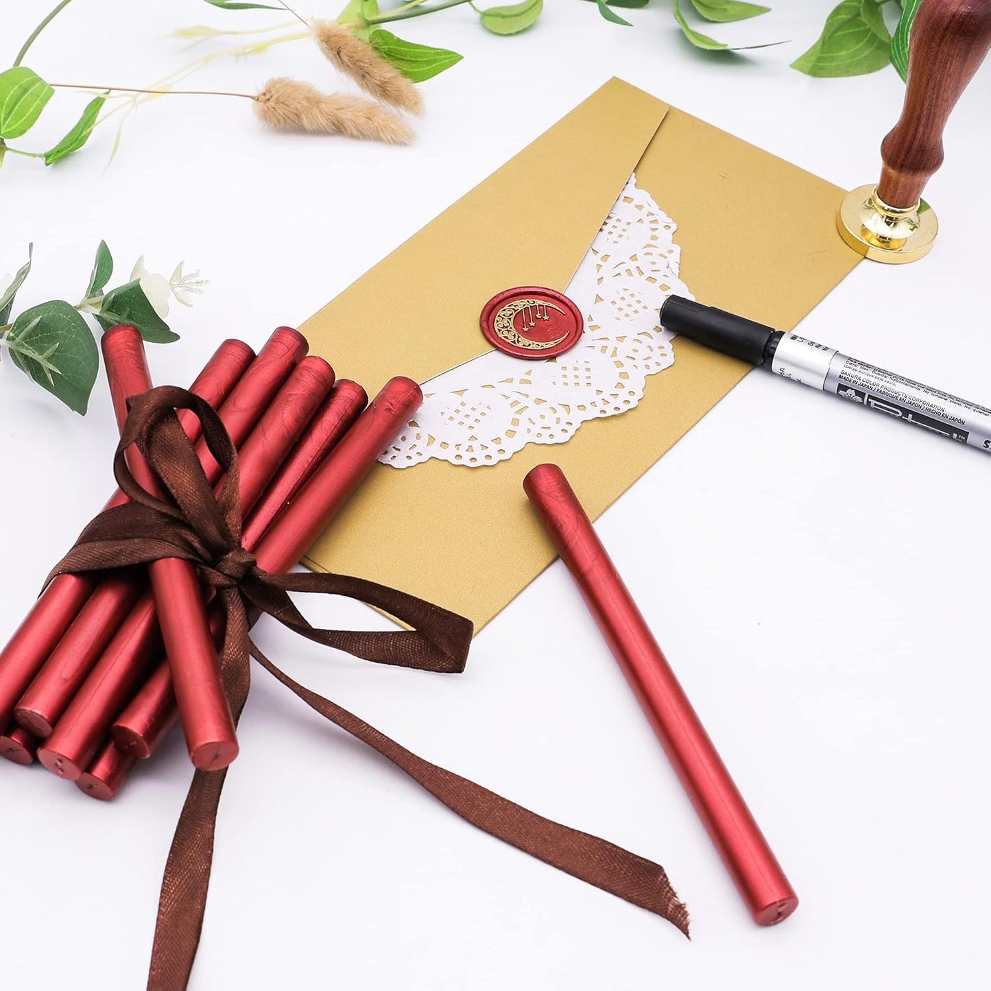 SWANGSA 20 Pieces Glue Gun Sealing Wax Sticks Metallic Red for Wax Seal Stamp, Great for Wedding Invitations, Cards, Envelopes, Wine Packages, Gift Wrapping (Metallic Red)