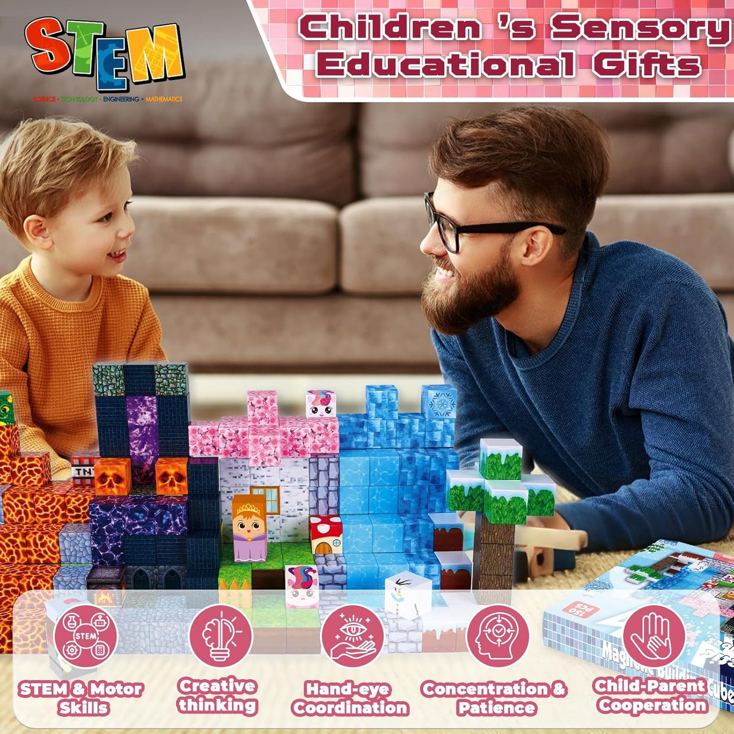 Magnetic Blocks-150PCS Magnetic Building Blocks Magnet Cubes Stacking Dark Forest Glacier Castle, STEM Montessori Sensory Toys for Kids Boys Girls Ages 4-8 Holiday Birthday Easter Gifts