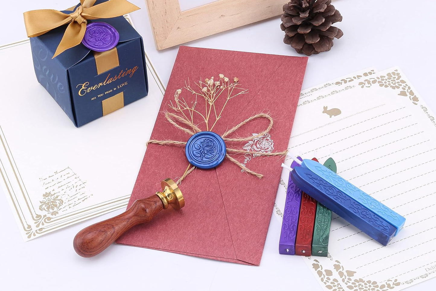 Yoption 5 Color Sealing Wax Sticks, Vintage Totem Fire Manuscript Wax Seal Sticks with Wicks for Wax Seal Stamp (Blue+Purple+Red+Navy Blue+Green)